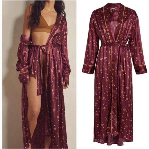 Free People Intimately Pajama Party Robe Wine Combo Long Silky Tie Sash - Picture 1 of 8